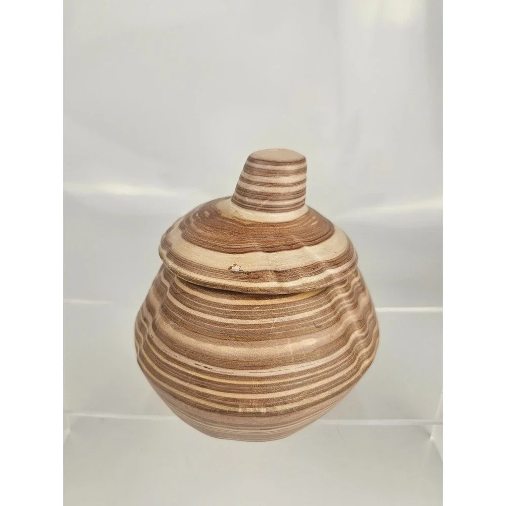 Banded Stone Lidded Jars Pair‎ Natural Stone Decor Set